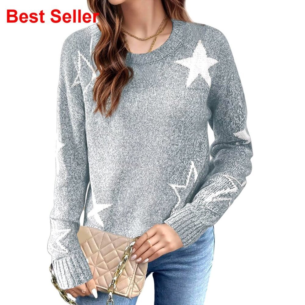 Oversized Cozy Sweater Crew Neck Long Sleeve Knit Pullover Star Pattern